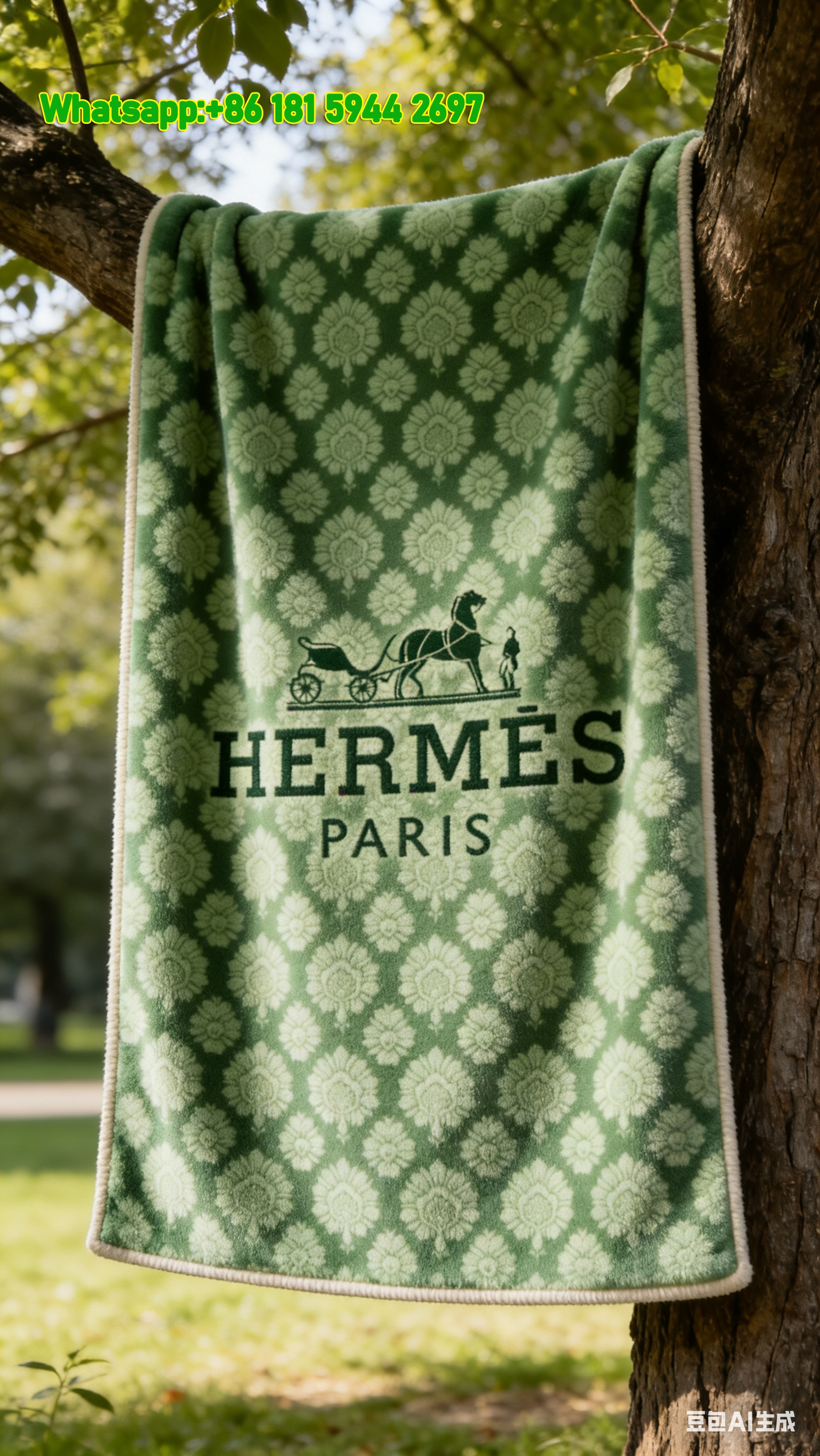 Hermès Green Damask Horse Carriage Flannel Fleece Throw Blanket IMG_4945